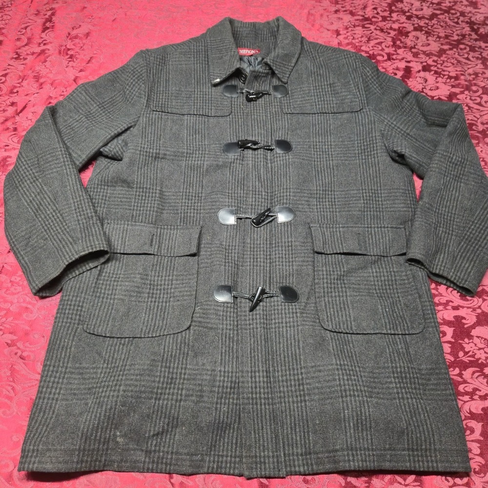 Merona Mens XXL Gray Plaid Wool Blend Duffle Coat Toggle Zip Up Winter Jacket